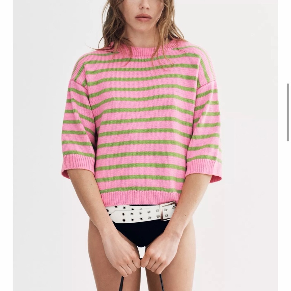 Zara Pink and Green Striped Women's Sweater - Picture 3 of 5